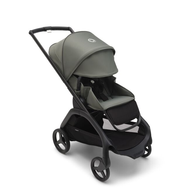 Bugaboo Dragonfly seat stroller with black chassis, forest green fabrics and forest green sun canopy. The sun canopy is fully extended.