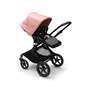 Bugaboo Fox 3 seat stroller with black frame, grey fabrics, and pink sun canopy.