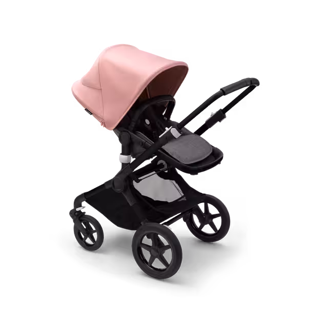 Bugaboo Fox 3 seat stroller with black frame, grey fabrics, and pink sun canopy. - Main Image Slide 6 of 7