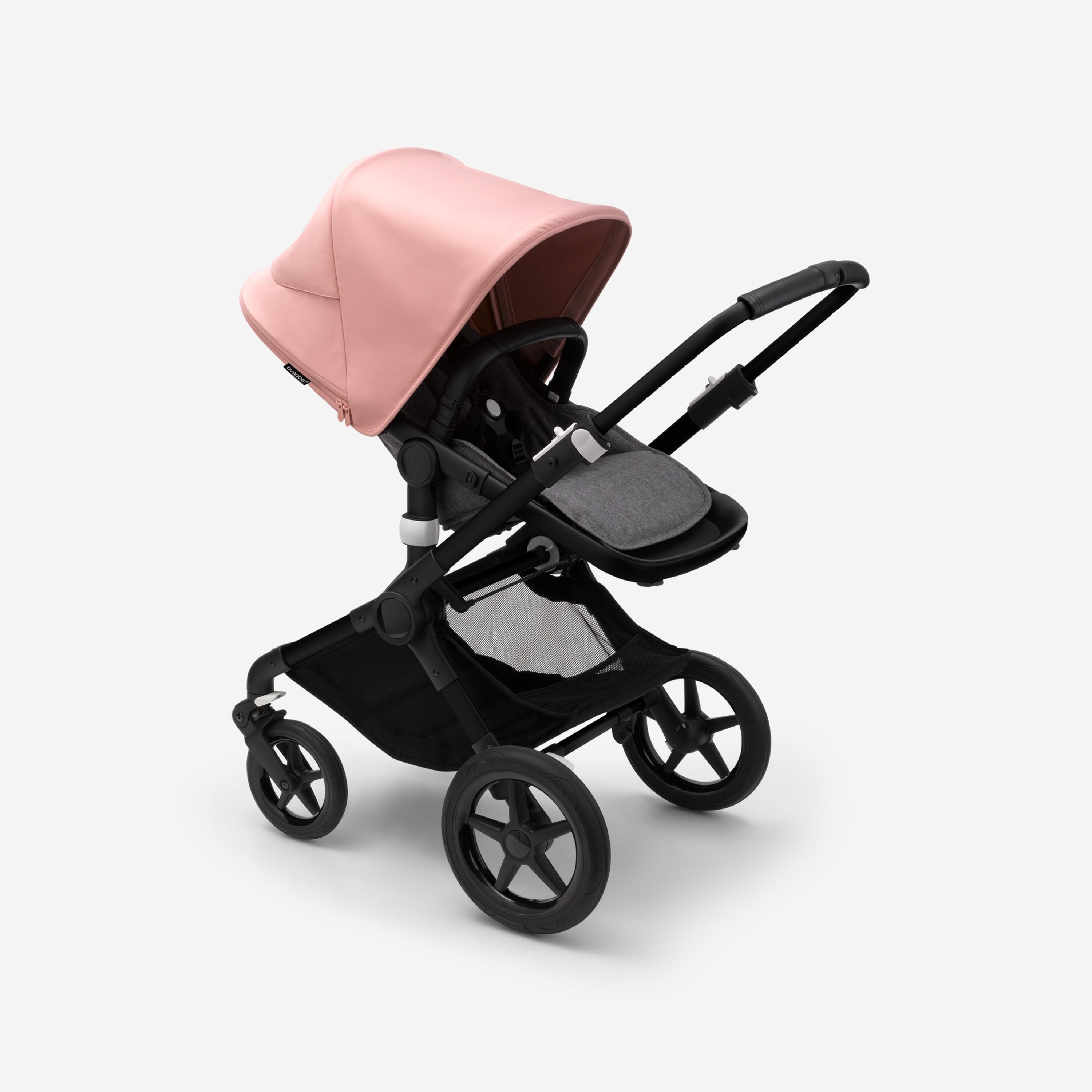 Bugaboo Fox 3 seat stroller with black frame, grey fabrics, and pink sun canopy. - Main Modal Image Slide 6 of 7