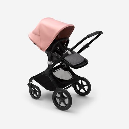 Bugaboo Fox 3 seat stroller with black frame, grey fabrics, and pink sun canopy.