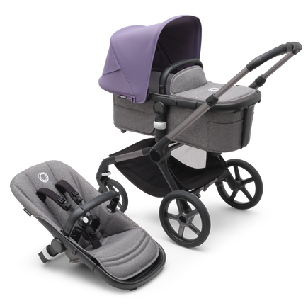 Bugaboo Fox 5 bassinet and seat pram with graphite chassis, grey melange fabrics and astro purple sun canopy.