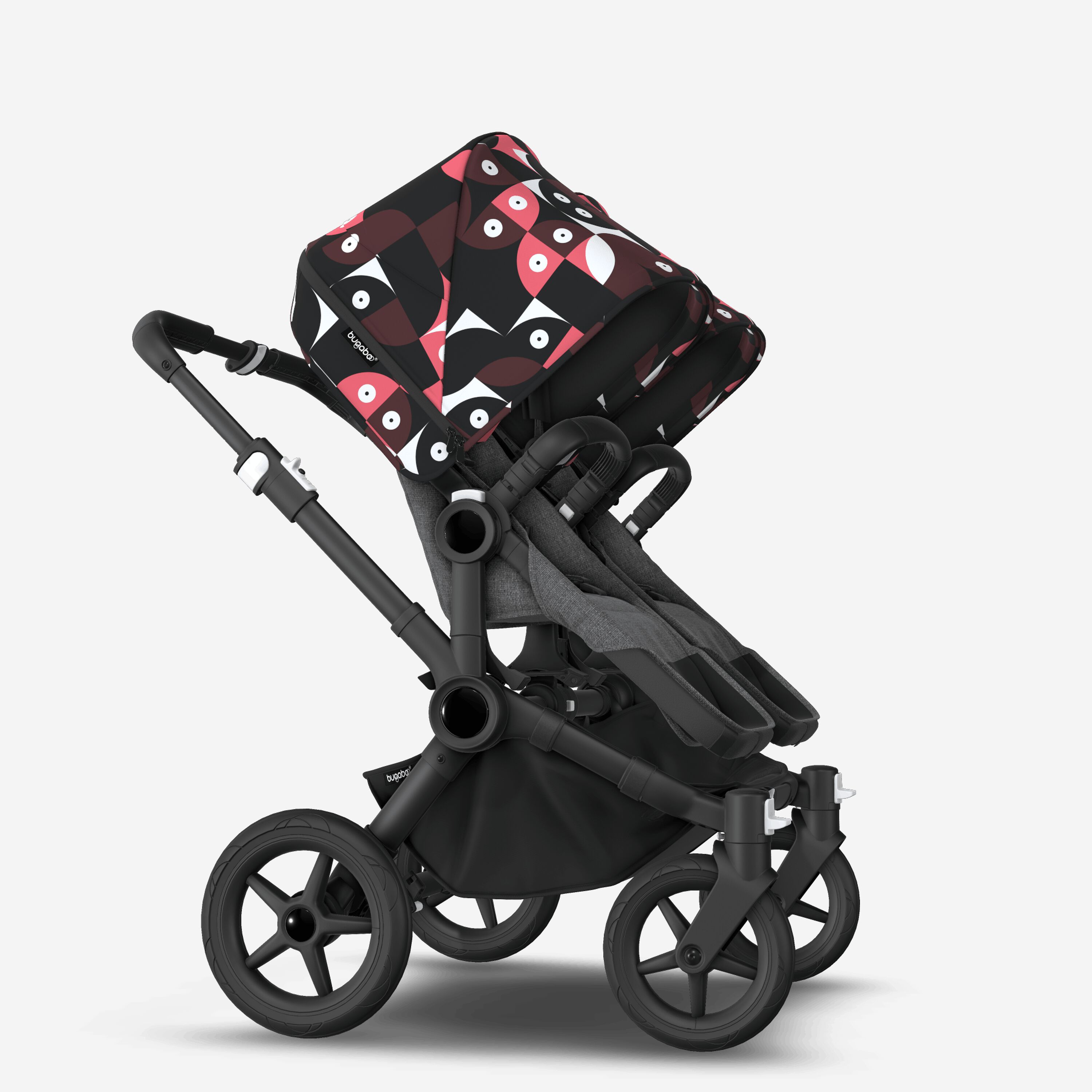 Bugaboo Donkey 5 twin stroller black base, grey mélange fabrics, animal explorer pink/red sun canopy - Main Modal Image Slide 4 of 12