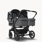 Bugaboo Donkey 5 twin stroller black base, grey mélange fabrics, animal explorer green/light blue sun canopy