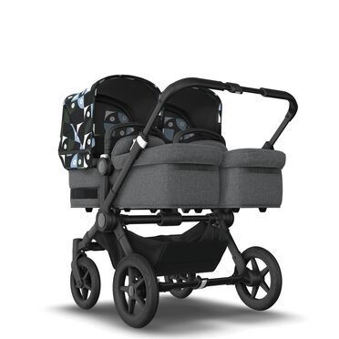 Bugaboo Donkey 5 twin stroller black base, grey mélange fabrics, animal explorer green/light blue sun canopy