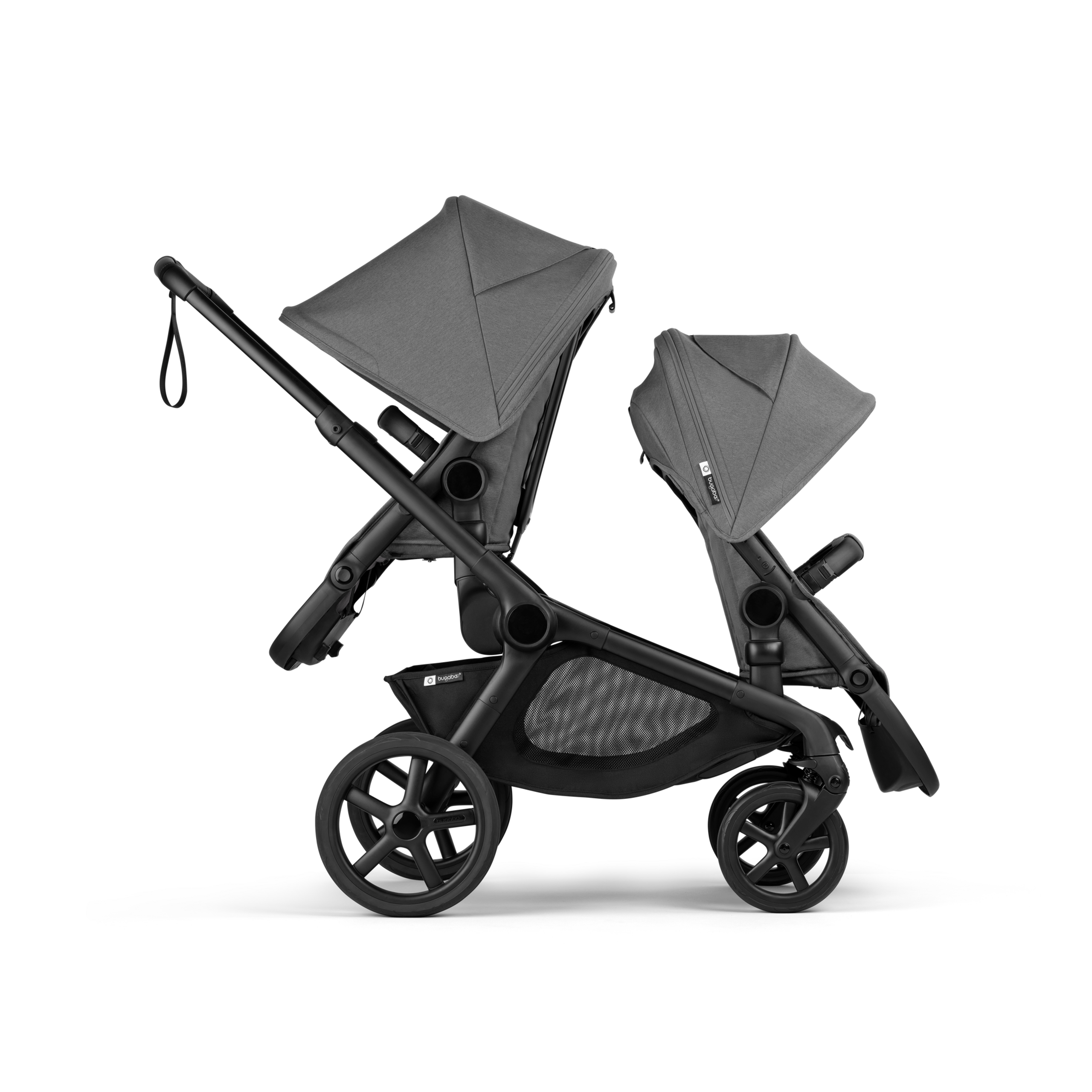 Bugaboo Kangaroo tandem stroller black base, moon grey fabrics, moon grey sun canopy - Thumbnail Slide 4 of 20