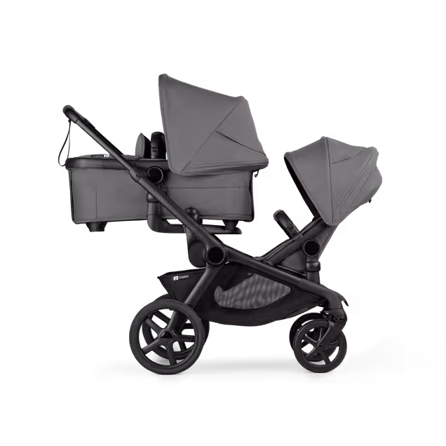 Bugaboo Kangaroo tandem pram black base, moon grey fabrics, moon grey sun canopy - Main Image Slide 2 of 18
