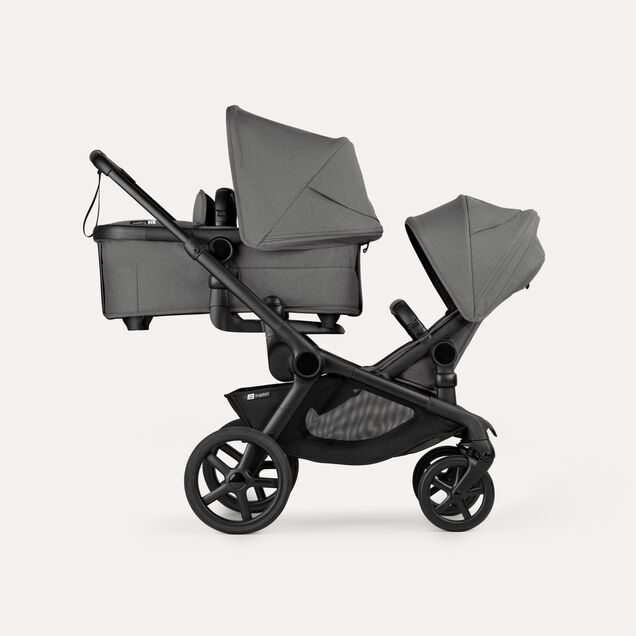 Bugaboo Kangaroo tandem pram black base, moon grey fabrics, moon grey sun canopy - Main Image Slide 2 of 18