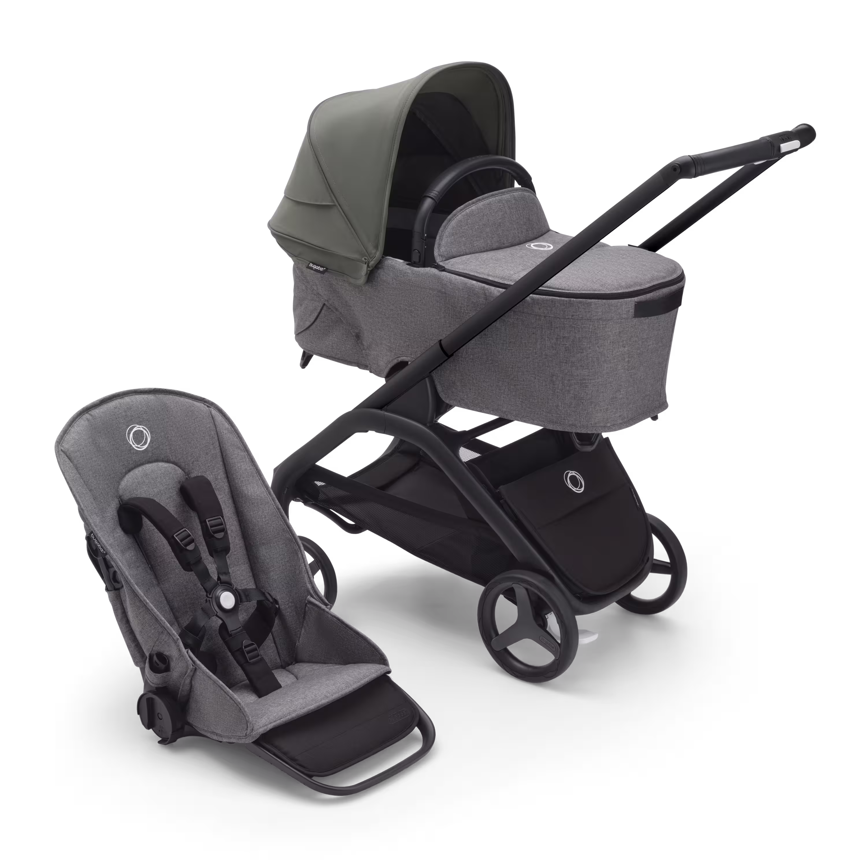 Refurbished Bugaboo Dragonfly bassinet and seat stroller black base, grey melange fabrics, forest green sun canopy - Main Modal Image Slide 1 van 10