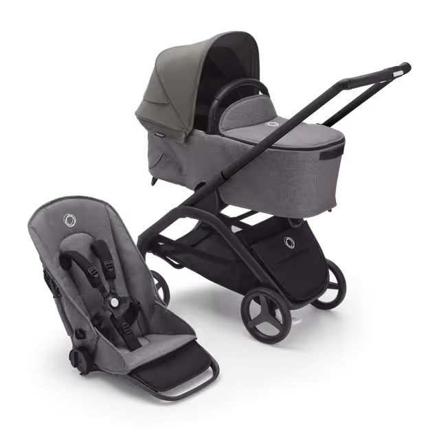 Refurbished Bugaboo Dragonfly bassinet and seat stroller black base, grey melange fabrics, forest green sun canopy - Main Image Slide 1 van 10