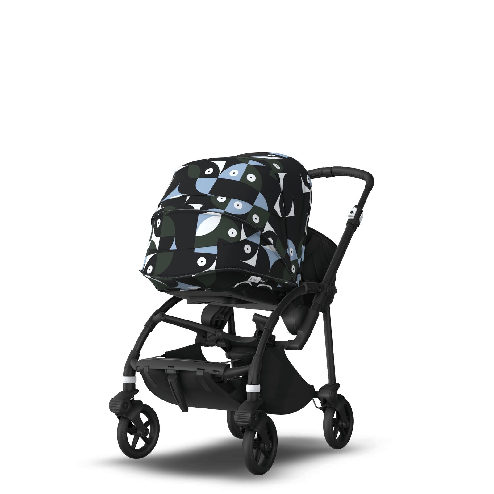 Bugaboo Bee 6 bassinet and seat stroller black base, black fabrics, animal explorer green/ light blue sun canopy
