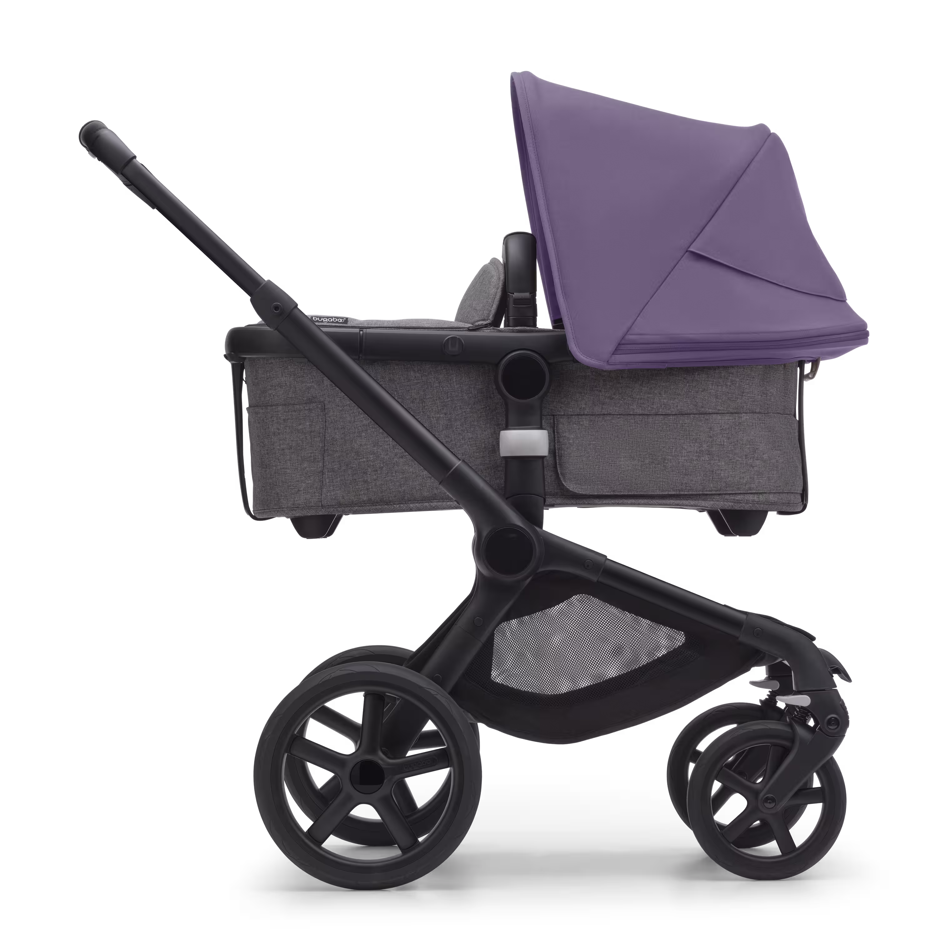Side view of the Bugaboo Fox 5 bassinet stroller with black chassis, grey melange fabrics and astro purple sun canopy. - Main Modal Image Slide 2 of 12