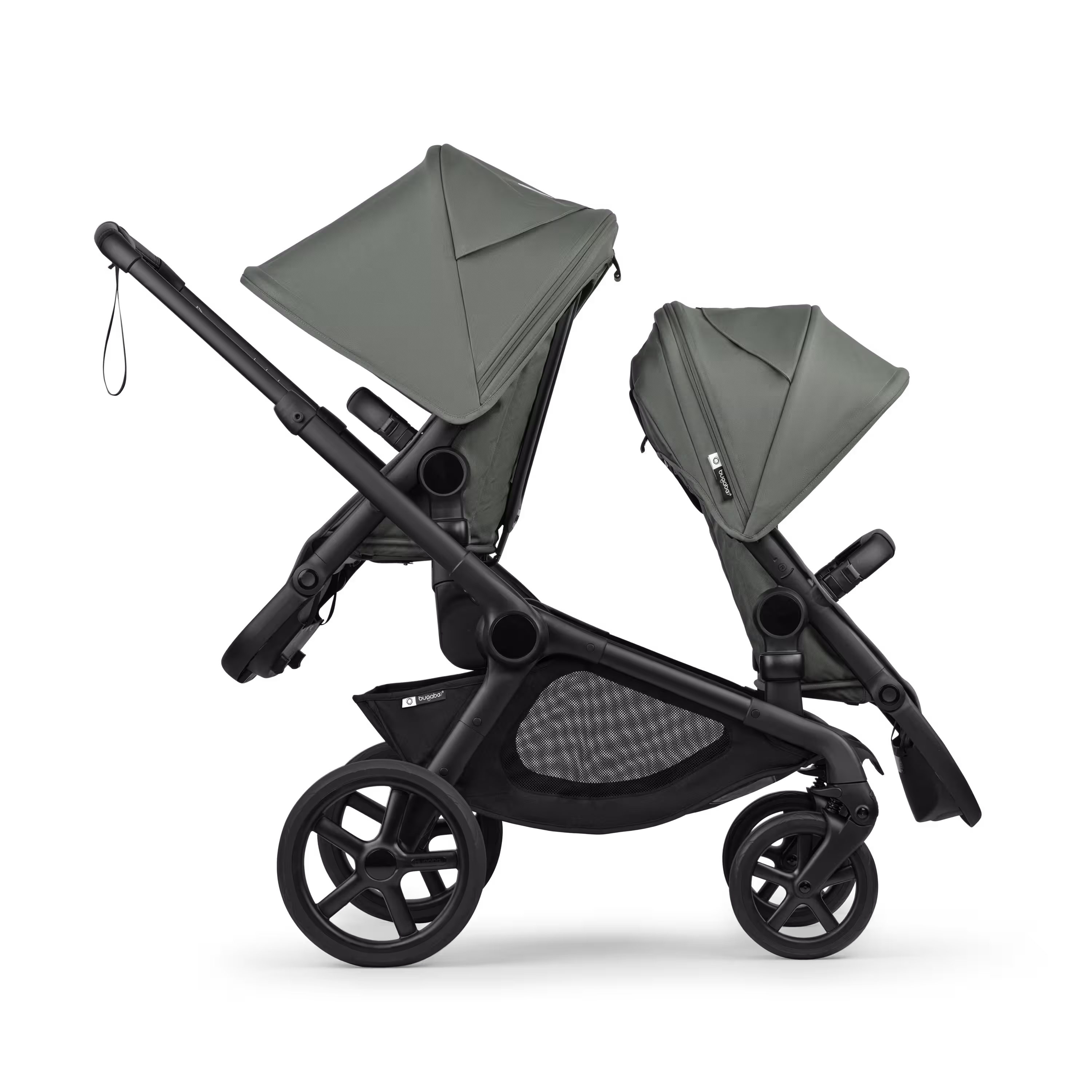 Bugaboo Kangaroo tandem stroller black base, forest green fabrics, forest green sun canopy test - Main Modal Image Slide 4 of 18