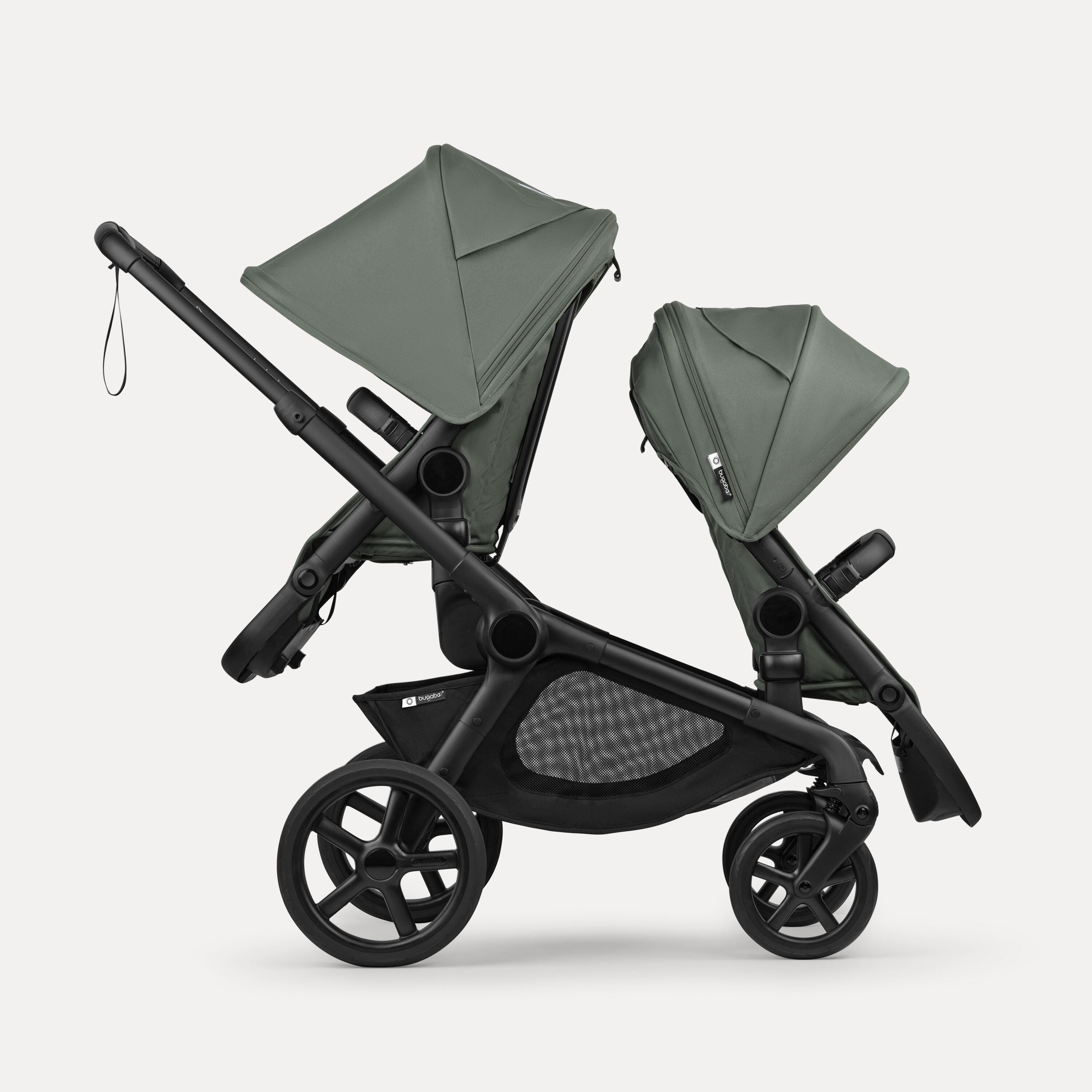 Bugaboo Kangaroo tandem stroller black base, forest green fabrics, forest green sun canopy test - Main Modal Image Slide 4 of 18