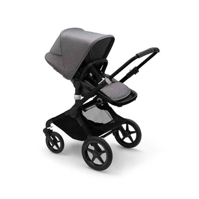 Bugaboo Fox 3 seat stroller with black frame, grey fabrics, and grey sun canopy.