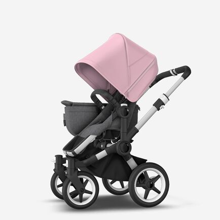 Bugaboo Donkey 3 Mono seat and carrycot pushchair soft pink sun canopy, grey melange fabrics, aluminium base