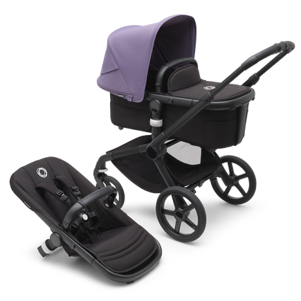 Bugaboo Fox 5 bassinet and seat pram with black chassis, midnight black fabrics and astro purple sun canopy.