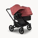 Bugaboo Donkey 5 Duo double stroller black base, midnight black fabrics, sunrise red sun canopy