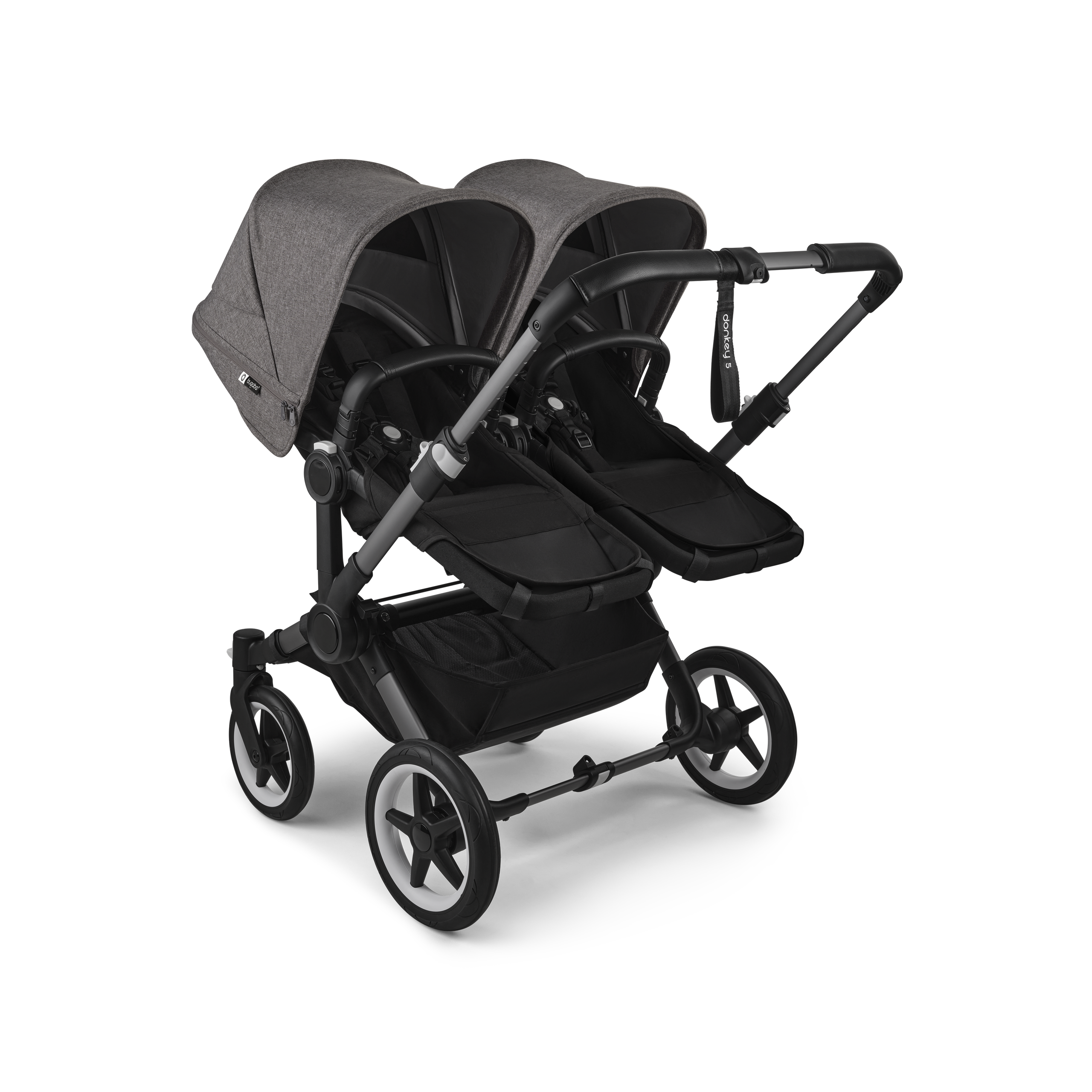 Bugaboo Donkey 5 twin stroller graphite base, midnight black fabrics, grey mélange sun canopy - Thumbnail Slide 3 of 12