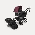 Bugaboo Fox 5 Renew bassinet and seat 2-in-1 stroller, with black chassis, Heritage Black fabrics, and Dark Cherry sun canopy.