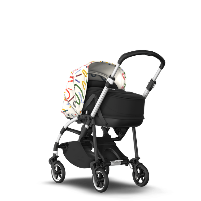 Bugaboo Bee 6 bassinet and seat stroller aluminium base, black fabrics, art of discovery white sun canopy