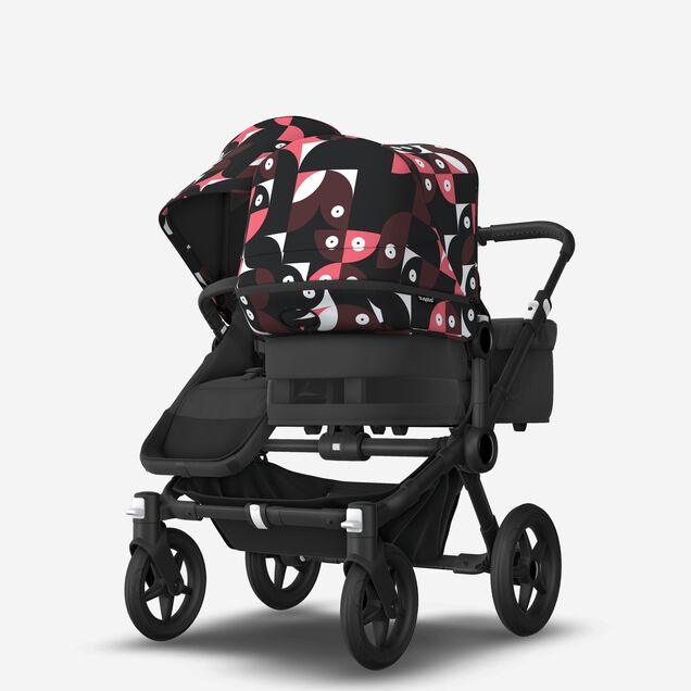 Bugaboo Donkey 5 Duo double stroller black base, midnight black fabrics, animal explorer pink/ red sun canopy - Main Image Slide 3 of 10