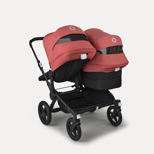 Bugaboo Donkey 5 Duo double stroller black base, midnight black fabrics, sunrise red sun canopy - Main Image Slide 4 of 11