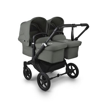 Bugaboo Donkey 5 twin stroller black base, forest green fabrics, forest green sun canopy