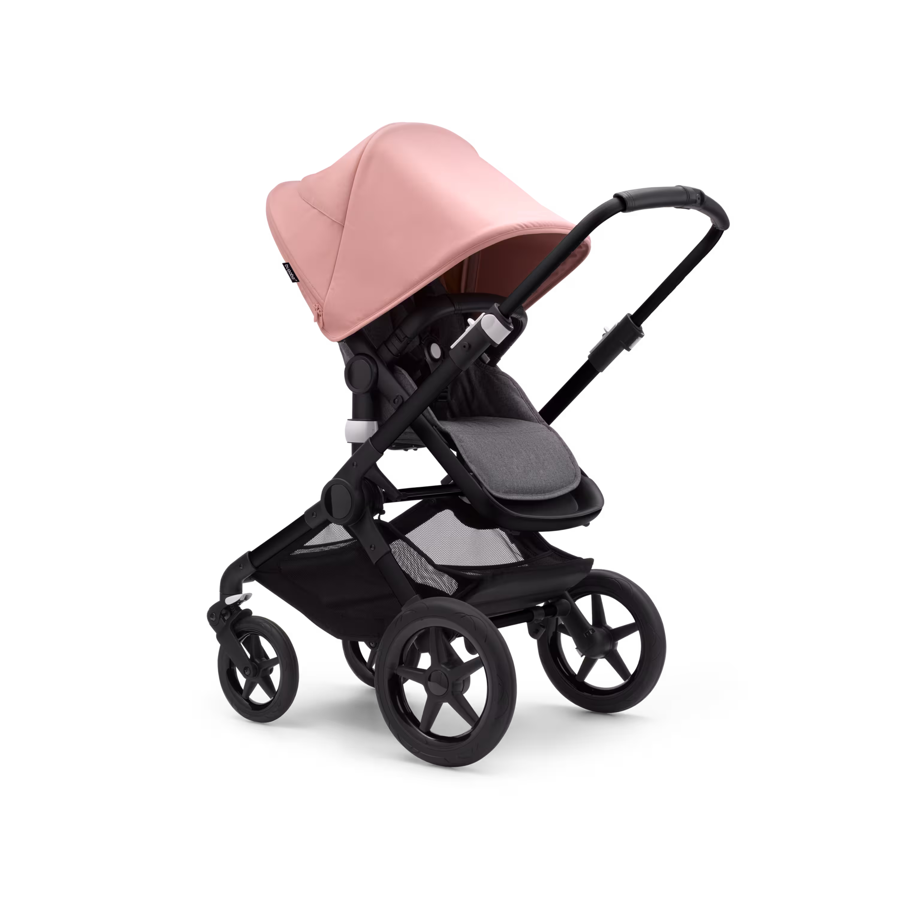 Bugaboo Fox 3 seat stroller with black frame, grey fabrics, and pink sun canopy. - Main Modal Image Slide 7 of 7
