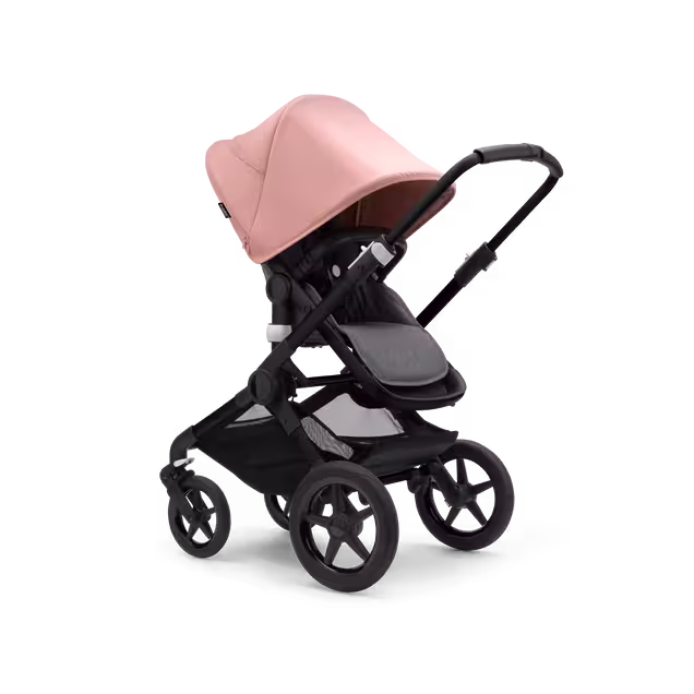 Bugaboo Fox 3 seat stroller with black frame, grey fabrics, and pink sun canopy. - Main Image Slide 7 of 7