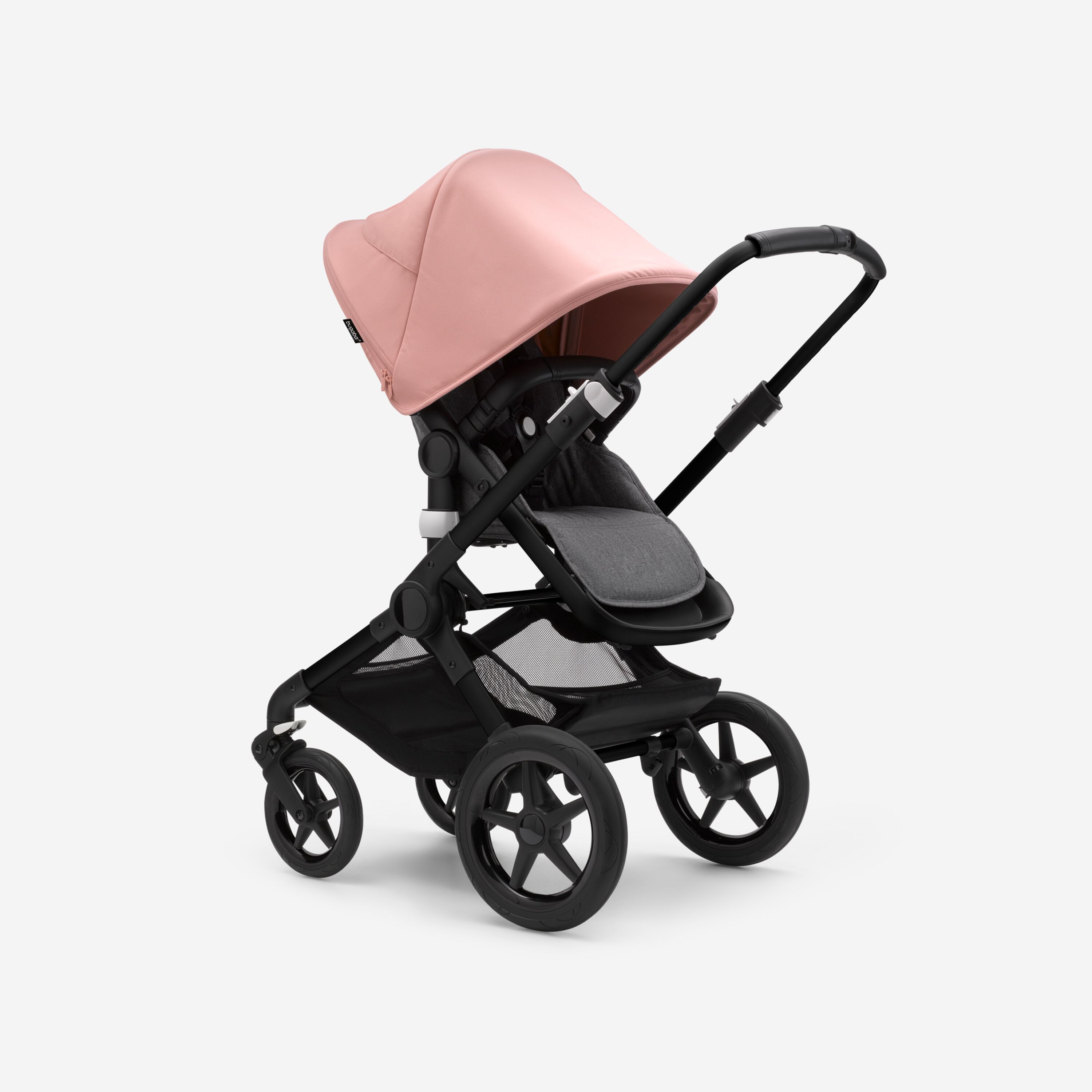 Bugaboo Fox 3 seat stroller with black frame, grey fabrics, and pink sun canopy. - Main Modal Image Slide 7 of 7