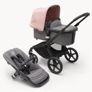 Bugaboo Fox 5 carrycot and seat pushchair with black chassis, grey melange fabrics and morning pink sun canopy.