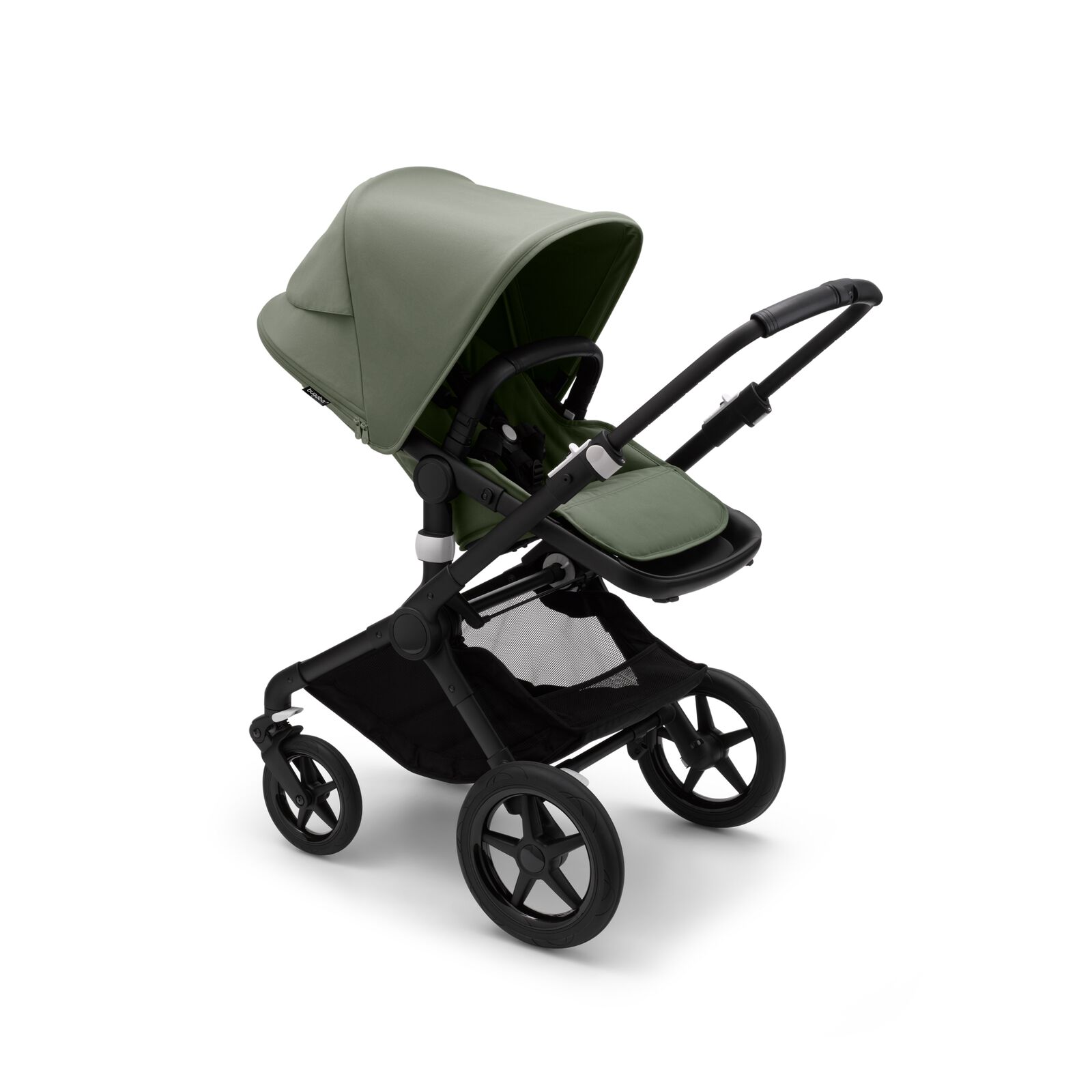 Bugaboo Fox 3 seat stroller with black frame, forest green fabrics, and forest green sun canopy.