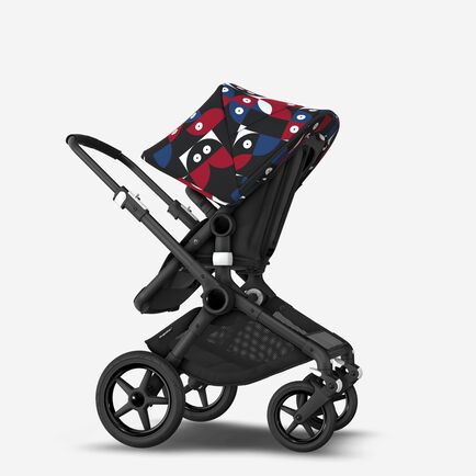 Bugaboo Fox 3 bassinet and seat stroller black base, midnight black fabrics, animal explorer red/blue sun canopy