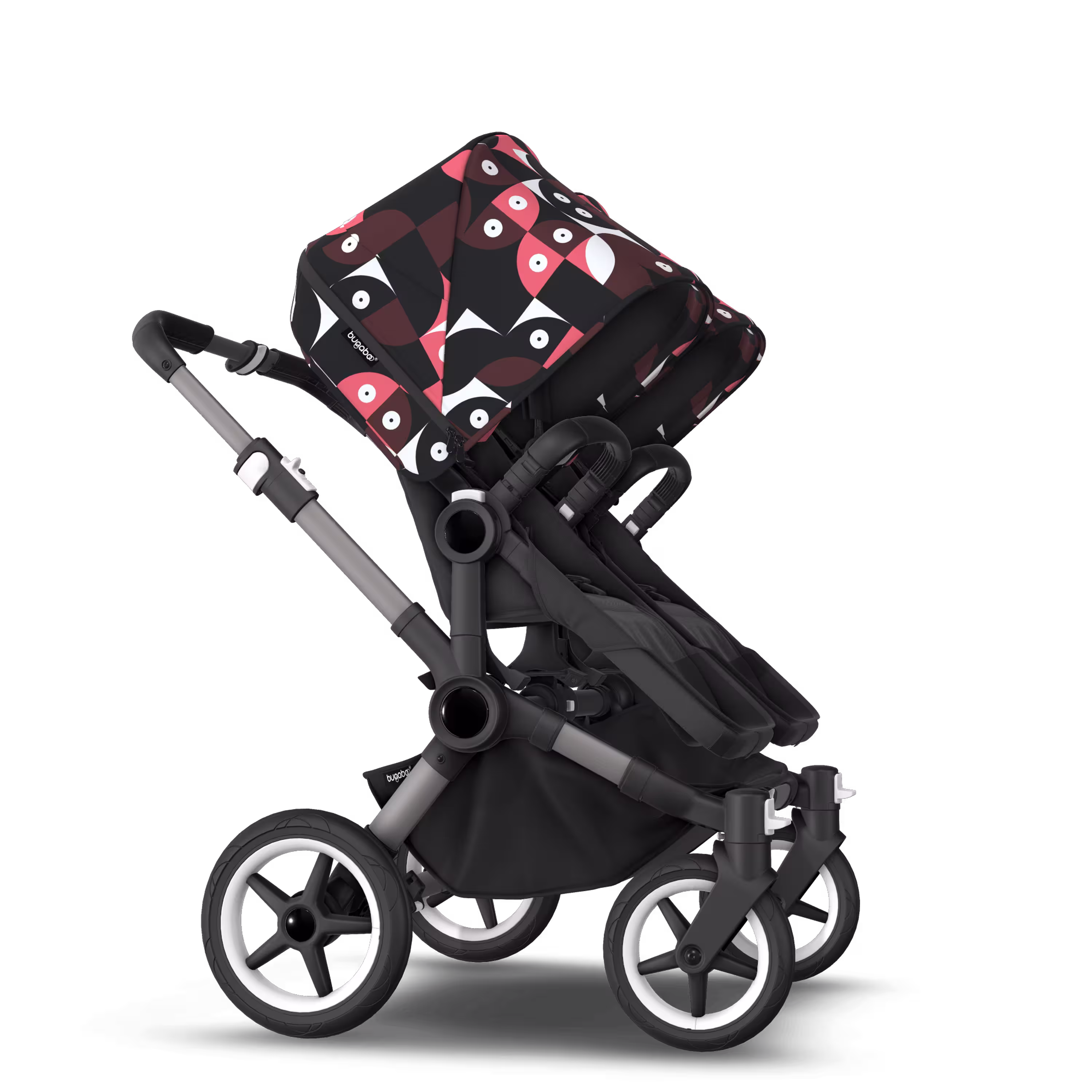 Bugaboo Donkey 5 twin stroller graphite base, midnight black fabrics, animal explorer pink/red sun canopy - Main Modal Image Slide 4 van 12