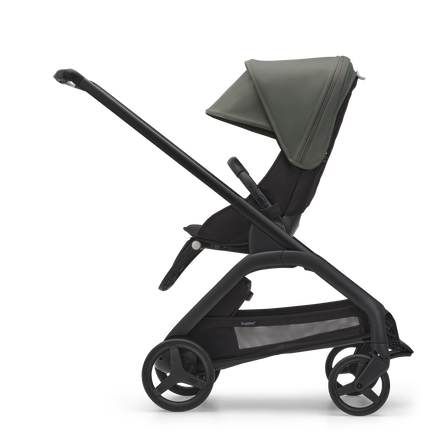 Side view of the Bugaboo Dragonfly seat stroller with black chassis, midnight black fabrics and forest green sun canopy. - view 2