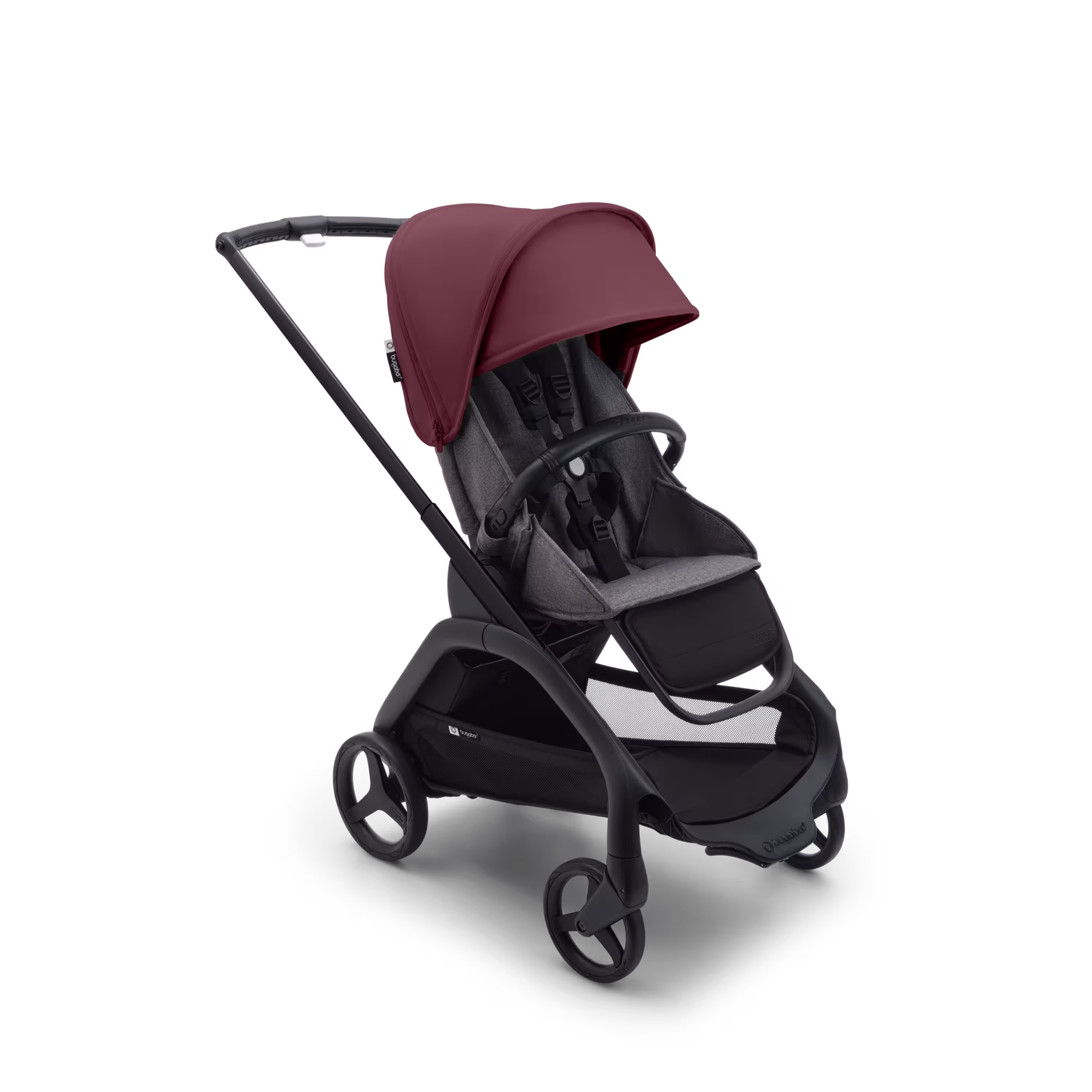 Bugaboo Dragonfly seat stroller black base, grey melange fabrics, dark cherry red sun canopy - Main Modal Image Slide 1 of 16