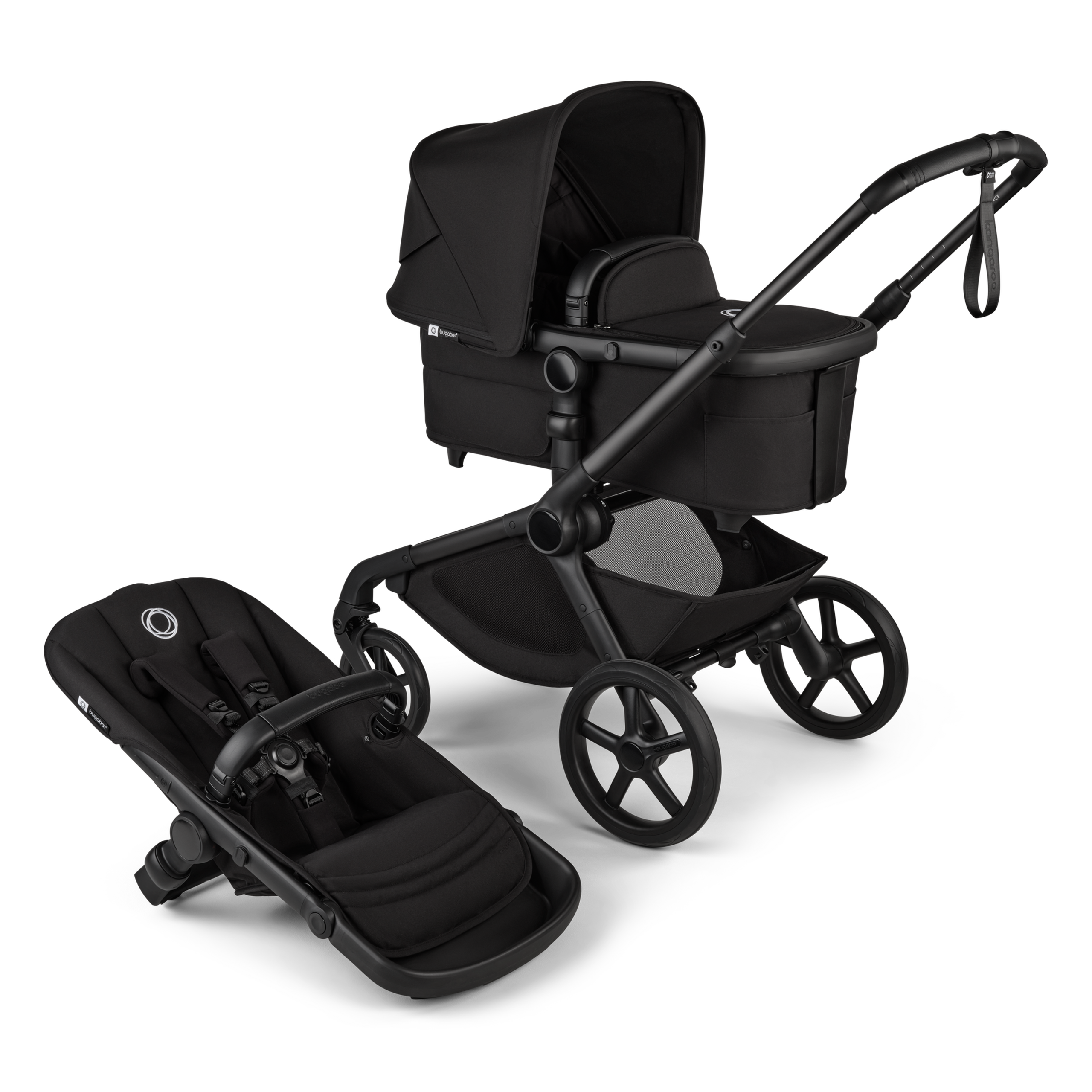 Bugaboo Kangaroo 2-in-1 pram black base, midnight black fabrics, midnight black sun canopy - Thumbnail Slide 1 of 18