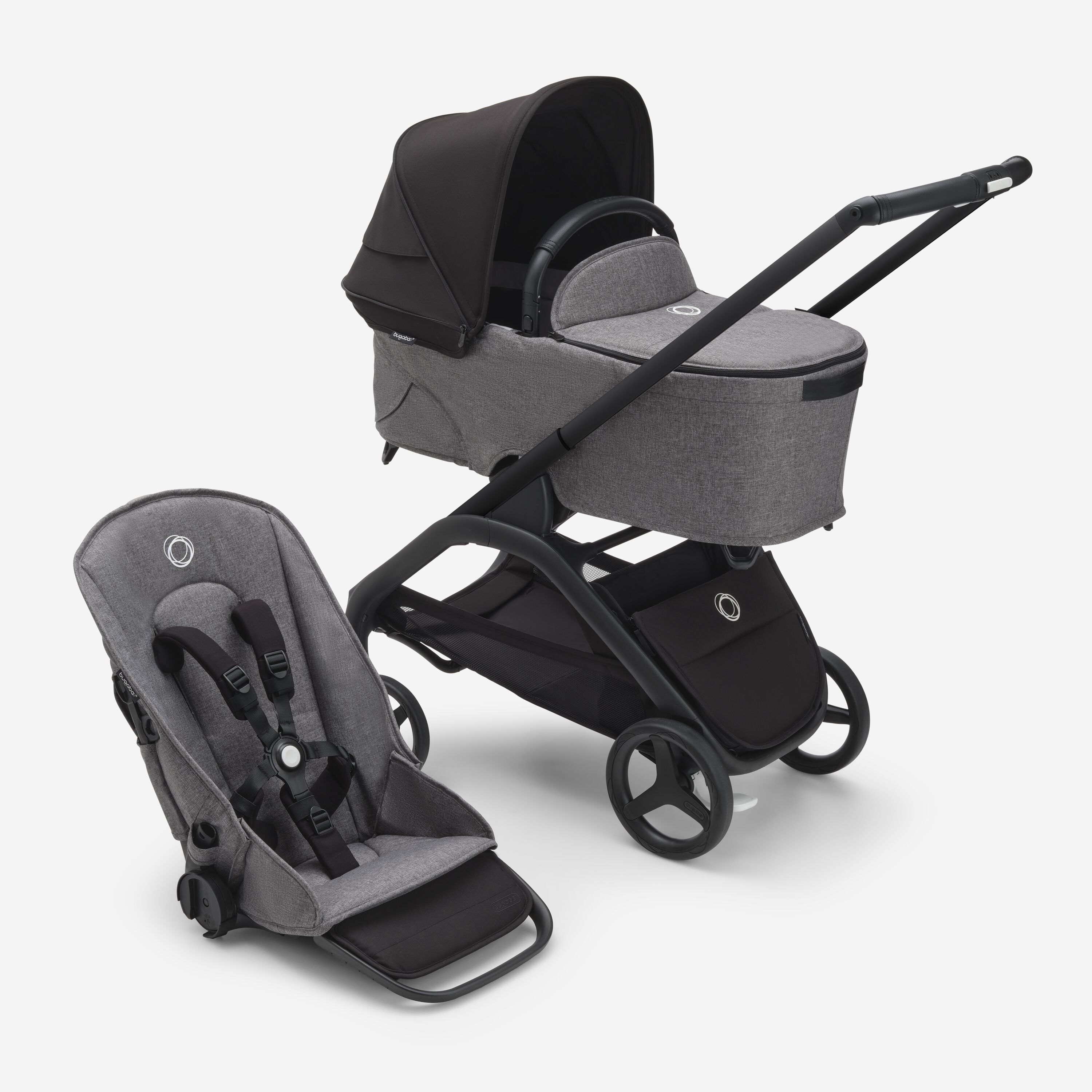 Refurbished Bugaboo Dragonfly bassinet and seat stroller black base, grey melange fabrics, midnight black sun canopy - Main Modal Image Slide 1 van 2