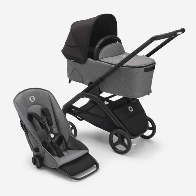 Refurbished Bugaboo Dragonfly bassinet and seat stroller black base, grey melange fabrics, midnight black sun canopy - Main Image Slide 1 van 2