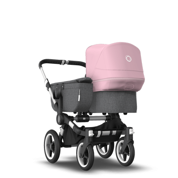 Bugaboo Donkey 3 Mono seat and bassinet stroller soft pink sun canopy, grey melange fabrics, aluminium base