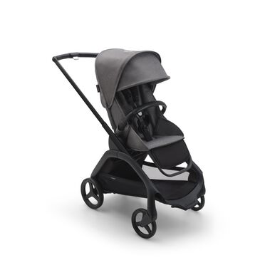 Bugaboo Dragonfly-vagn med sittdel, med svart chassi, gråmelerad klädsel och sufflett.