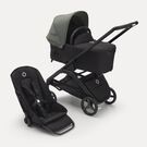 Bugaboo Dragonfly bassinet and seat stroller black base, midnight black fabrics, forest green sun canopy