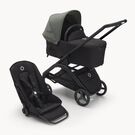 Bugaboo Dragonfly bassinet and seat stroller black base, midnight black fabrics, forest green sun canopy