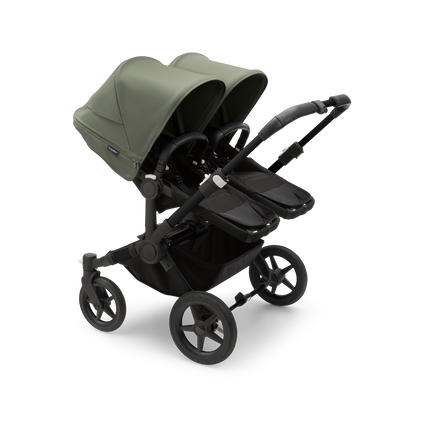 Bugaboo Donkey 5 Twin bassinet and seat stroller black base, midnight black fabrics, forest green sun canopy