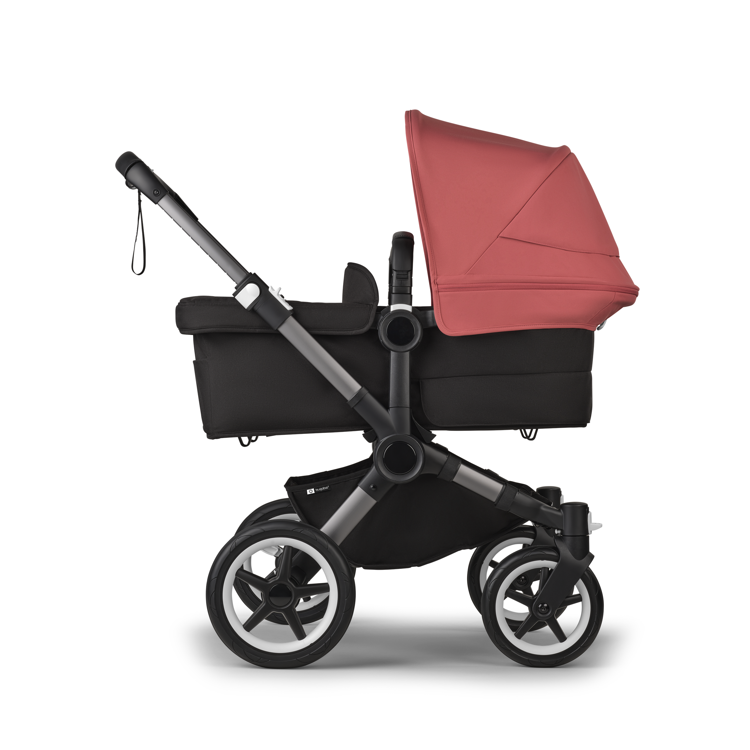 Bugaboo Donkey 5 twin stroller graphite base, midnight black fabrics, sunrise red sun canopy - Thumbnail Slide 2 of 12