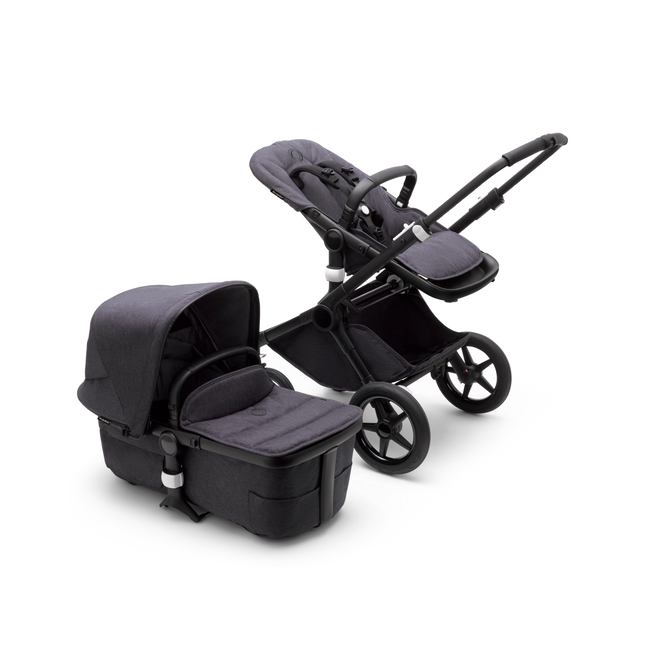 Bugaboo Fox 3 bassinet and seat stroller with black frame, mineral black fabrics, and mineral black sun canopy.