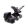 Poussette siège et nacelle Bugaboo Fox 3 avec cadre noir, habillage Mineral noir et capote Mineral noire.