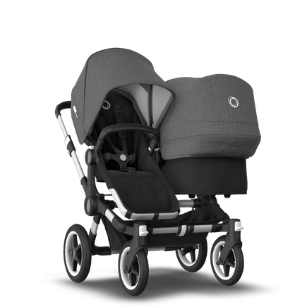 Bugaboo Donkey 3 Duo seat and bassinet stroller grey melange sun canopy, black fabrics, aluminium base