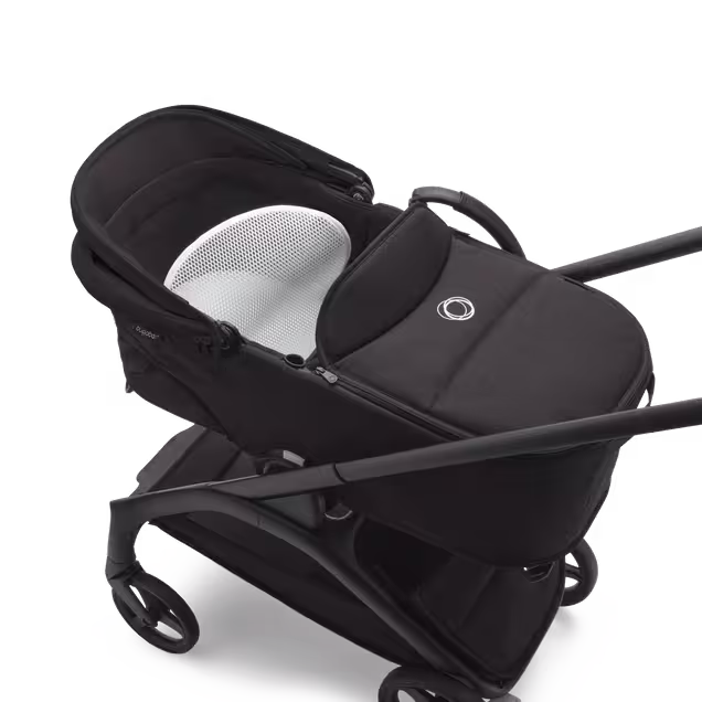Refurbished Bugaboo Dragonfly bassinet and seat stroller graphite base, midnight black fabrics, skyline blue sun canopy - Main Image Slide 10 of 14